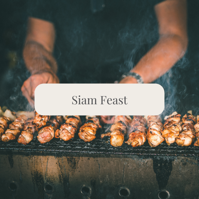 Grilled skewers being prepared at Siam Feast, smoky background.