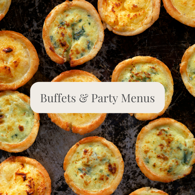 A variety of baked savoury tarts on a dark surface with a menu title overlay.