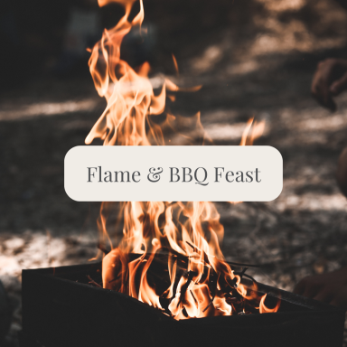 A lively fire with text overlay stating "Flame & BBQ Feast."