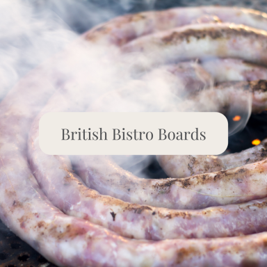 Coiled sausages over a smoky grill with text overlay "British Bistro Boards."