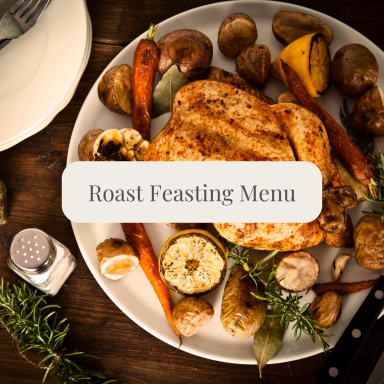 Roast chicken with vegetables, garnished, on a plate with text overlay "Roast Feasting Menu."