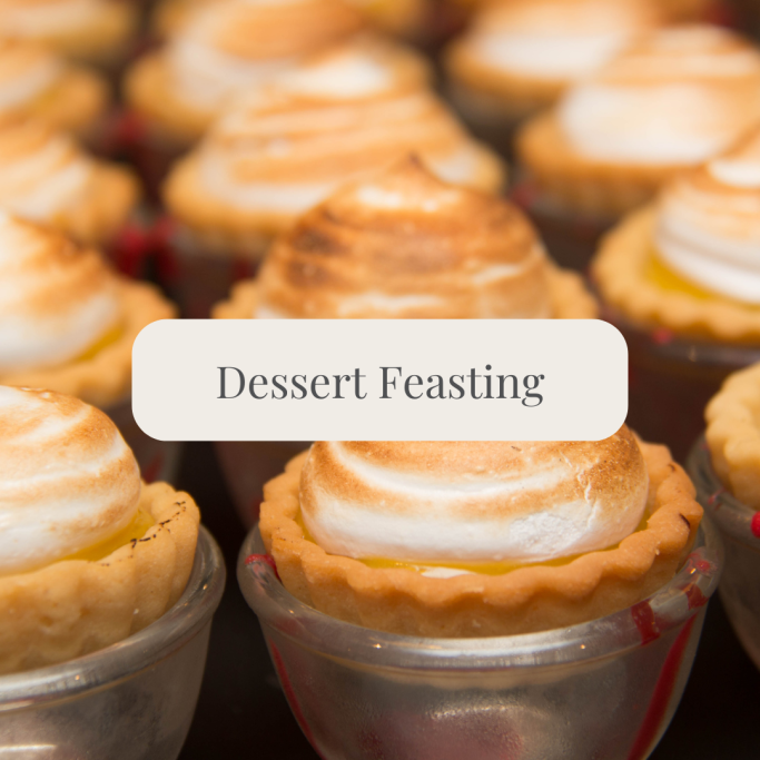 Petit desserts with creamy tops in mini pastry shells, titled "Dessert Feasting."